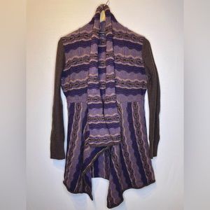 Adrianna Papell L Boho 100% Wool Open Front Sweater Brown Purple Lavender